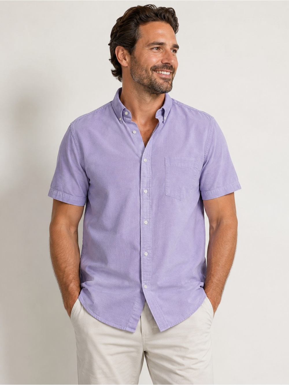 PRIMARK Men's Light Lavender Short-Sleeve Button-Down Shirt.XXL. Slim Fit.
